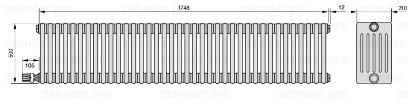 Схема (чертеж) Радиатор Zehnder Charleston 6050/38 №V004 Белый глянцевый RAL 9016